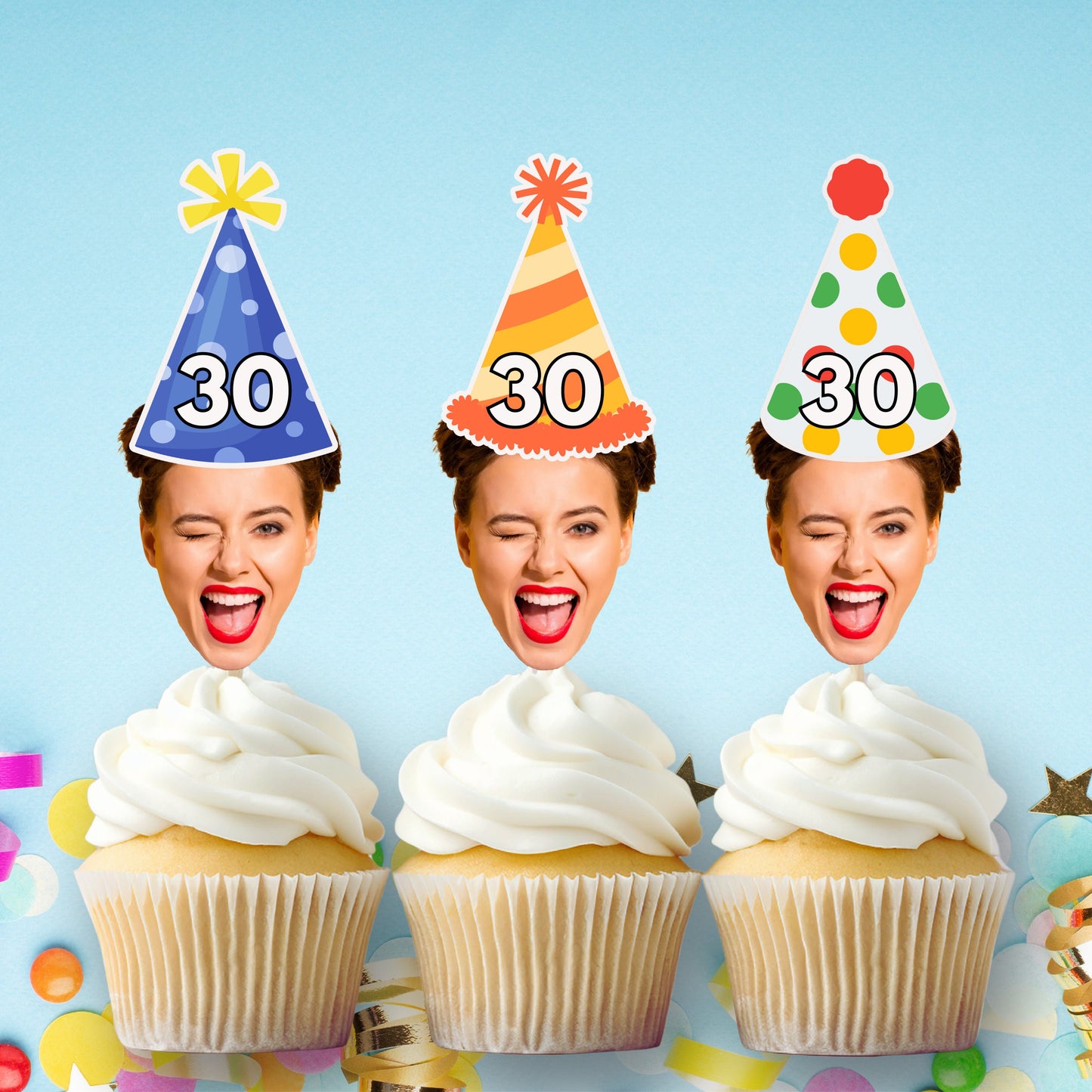 Custom Photo Face Cupcake Toppers for 30th Birthday, Personalized Birthday Party Decoration, Gift for Him or Her, Milestone Birthday