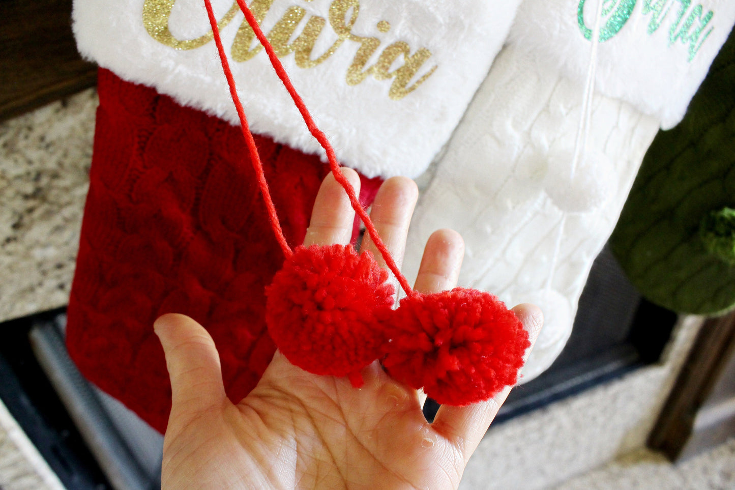 Personalized Cable Knit Christmas Stocking with Name, Pom Pom Holiday Stocking for Family, Customized Name Xmas Stockings