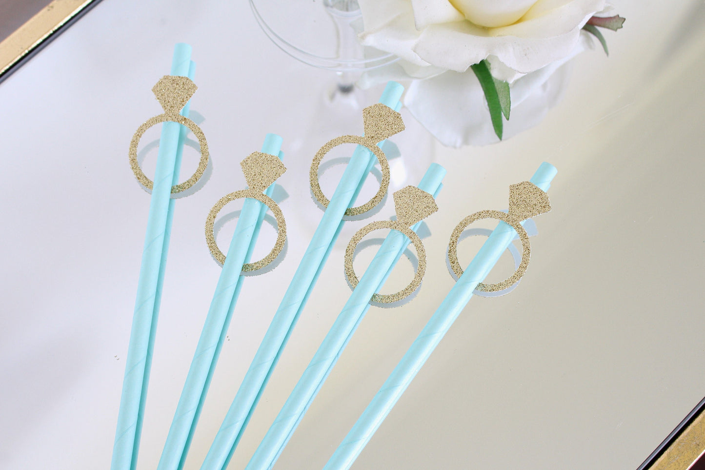Something Blue Bridal Shower Straws - Elegant Ring Design with Gold Glitter, Set of 10, Perfect for Wedding Party Decorations