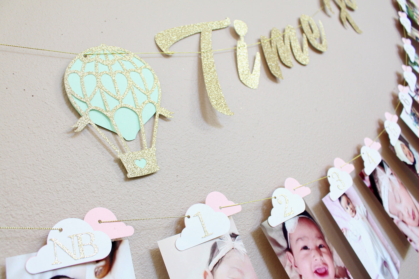 Time Flies 1st Birthday Banner – Customizable Hot Air Balloon Photo Garland – Unique Milestone Party Decoration