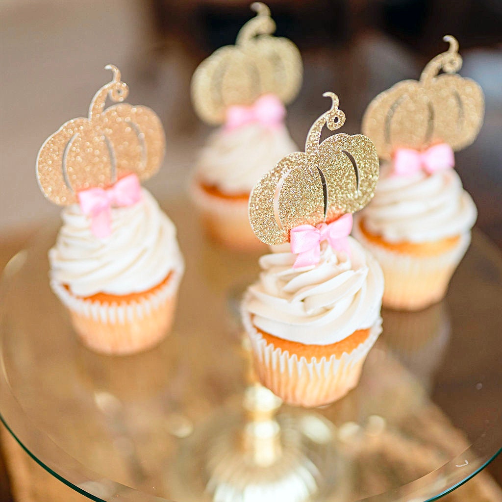 Pumpkin Cupcake Picks, Little Pumpkin Baby Shower Decorations, Gold Pumpkin Baby Shower Cupcake Toppers