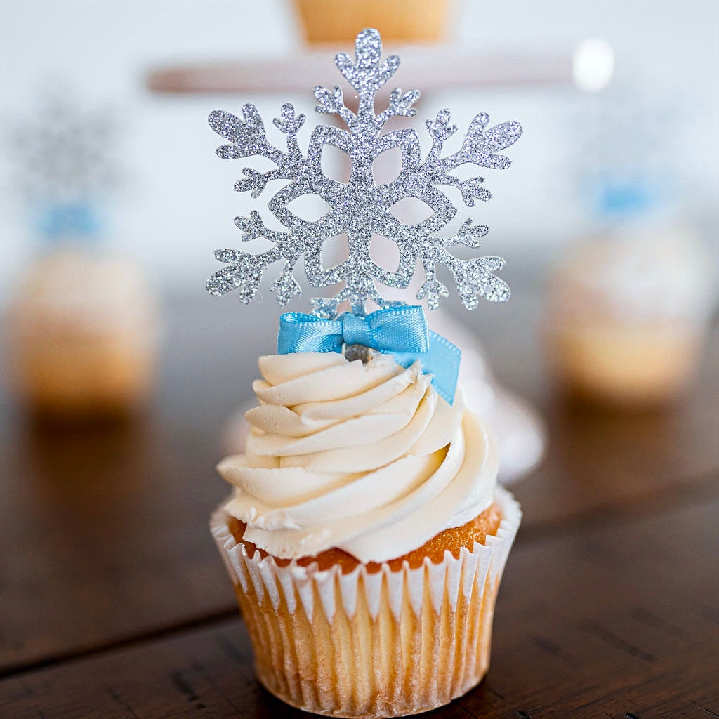 Snowflake Cupcake Toppers for Winter Onederland First Birthday - Winter Wonderland Party Decorations - Set of 12 Snowflake Decorations