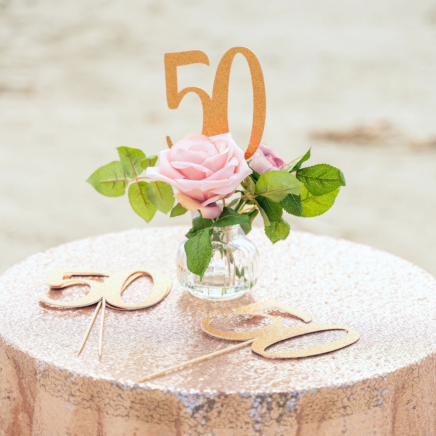 50th Birthday Centerpiece Stick, 50th Birthday Decorations, 50th Birthday gift for Women, Copper and Rose Gold 50th Birthday Decor