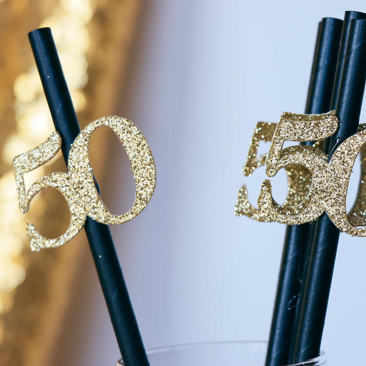 50th Birthday Black and Gold Party Straws, Gold Glitter Decorations - Set of 10 Gift & Decor, Golden Birthday Party Supplies