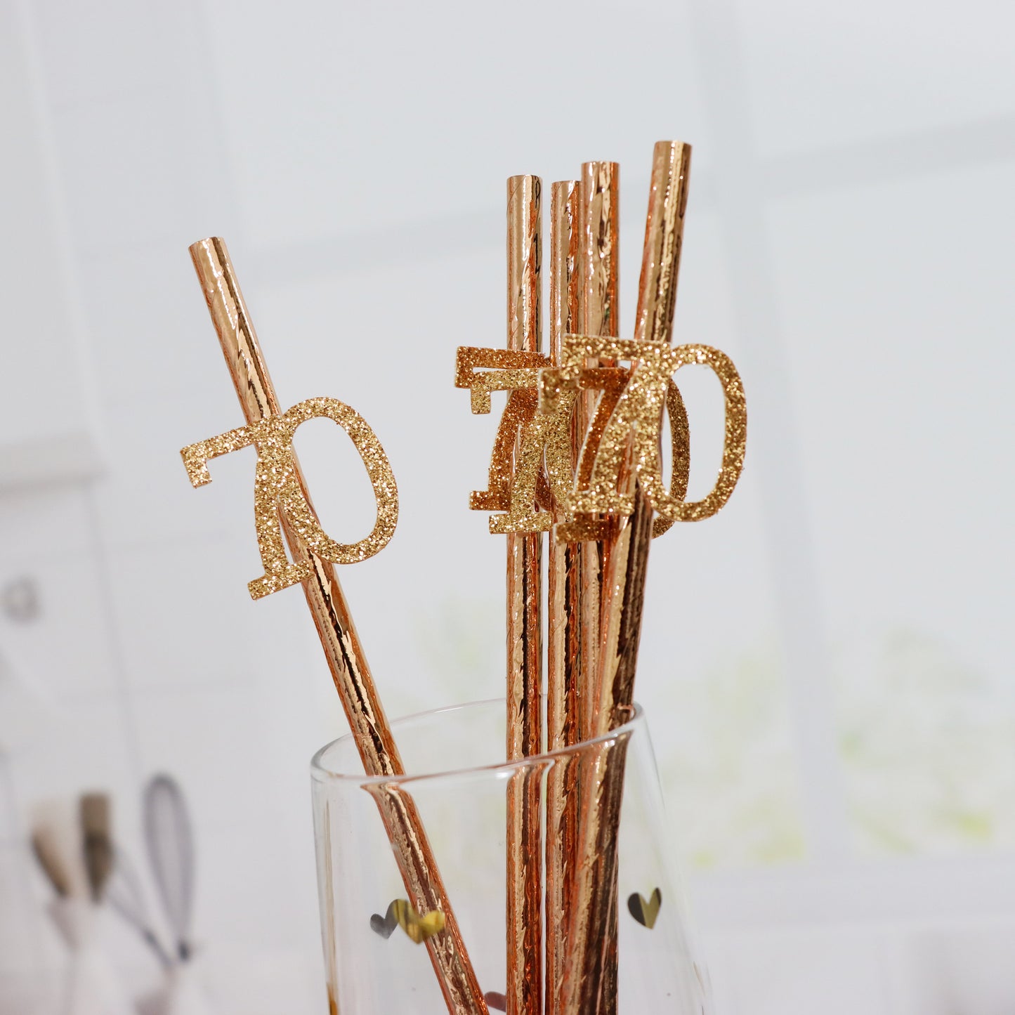 70th Birthday Rose Gold Straws, Milestone Party Tableware, Adult Birthday Decor, Gift for Grandparent