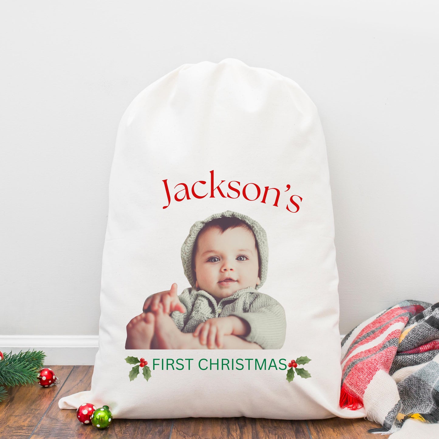 Personalized Baby's First Christmas Santa Sack, Custom Face Photo & Name Gift Bag, Large Spacious Gift Bag for Baby's First Christmas