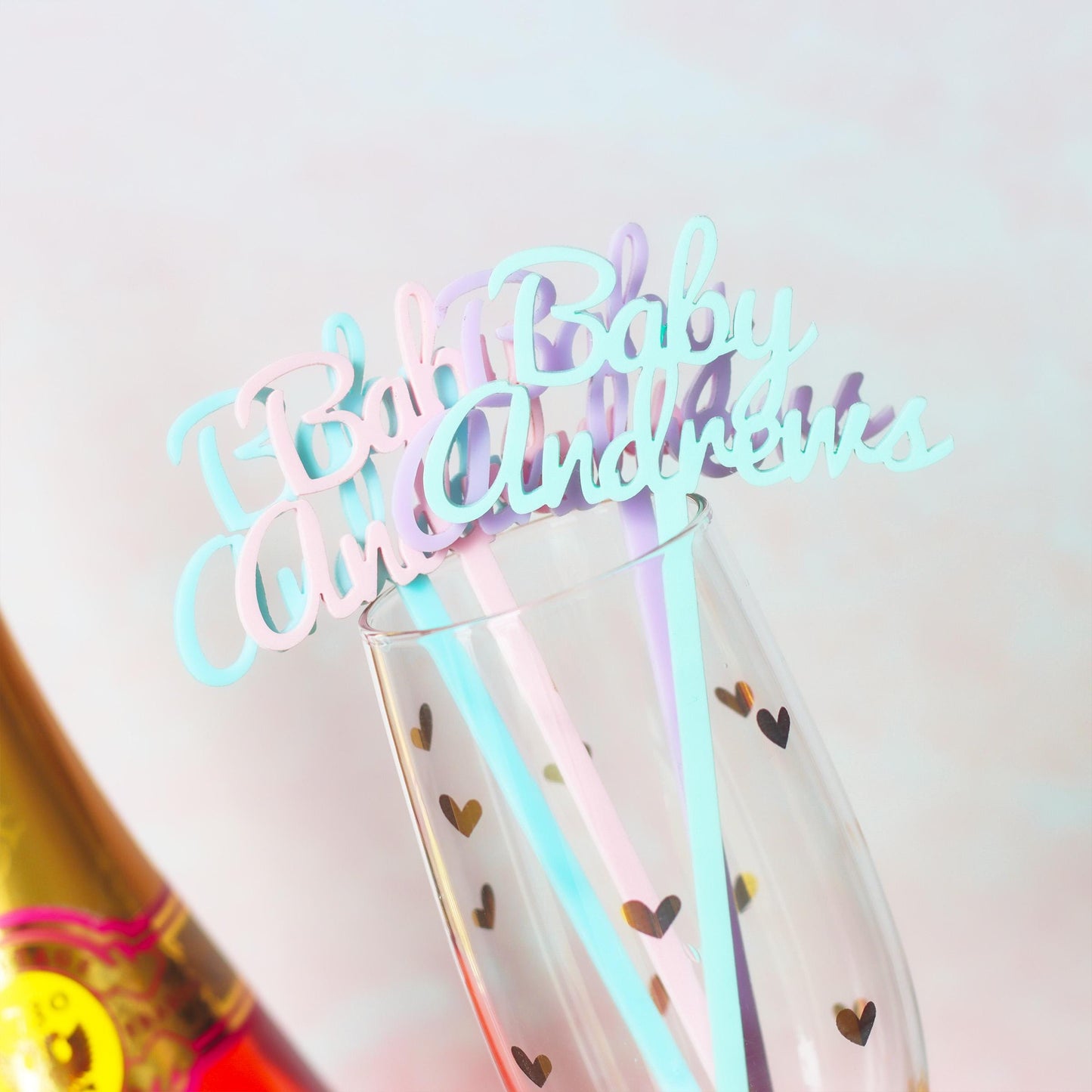 Custom Baby Shower Swizzle Sticks, Personalized Acrylic Stir Sticks in Pastel, Glitter & Mirrored Colors, Baby Name Drink Stirrers