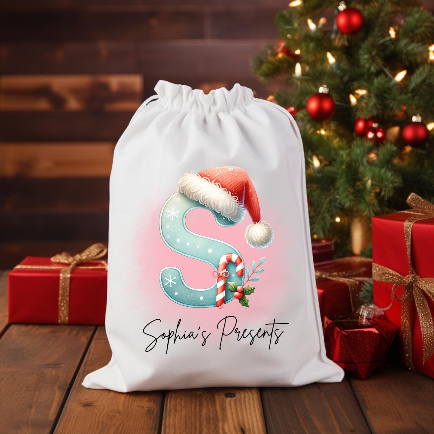 Personalized Christmas Santa Sack with Initial and Name, Custom Holiday Gift Bag for Kids, Reusable Santa Gift Bag, Christmas Present Bag