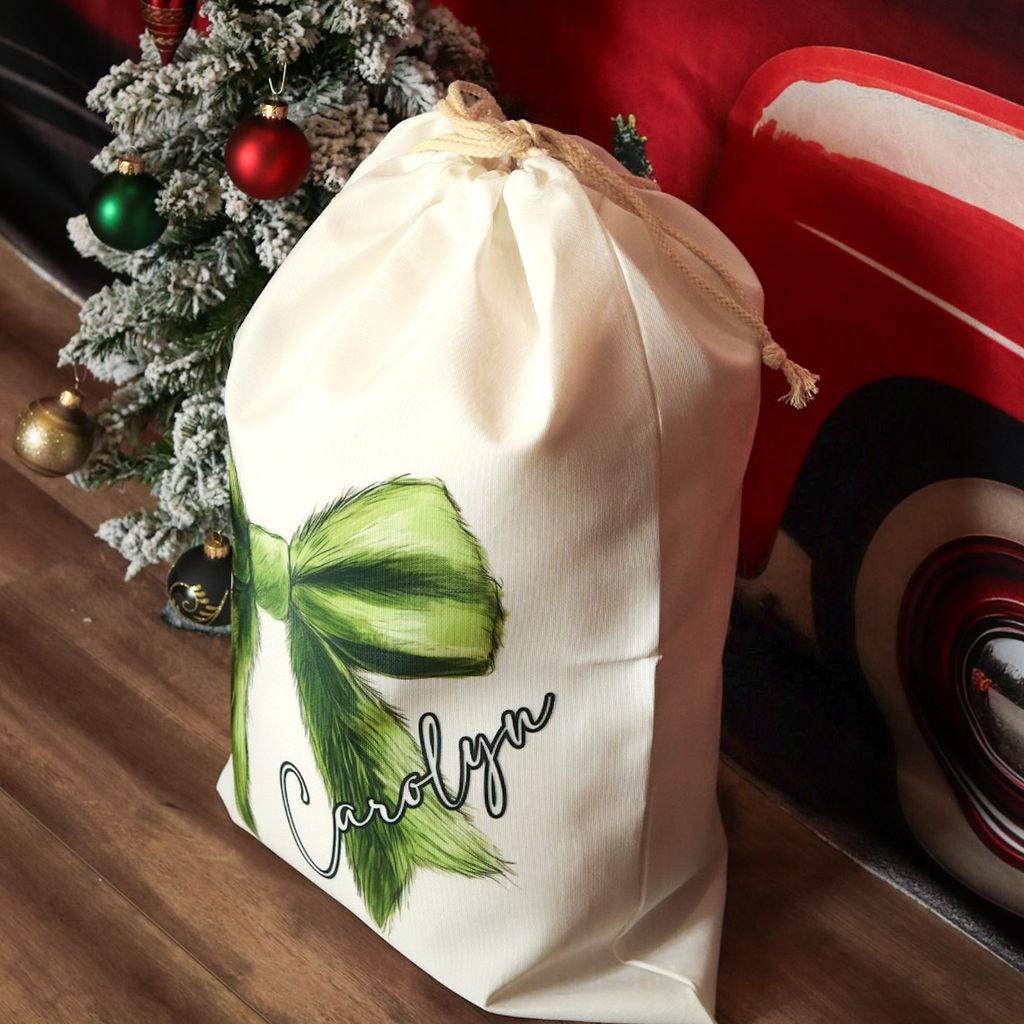 Personalized Green Coquette Bow Santa Sack, Custom Name Christmas Gift Bag, Large Holiday Gift Sack for Kids and Adults, Christmas Bag