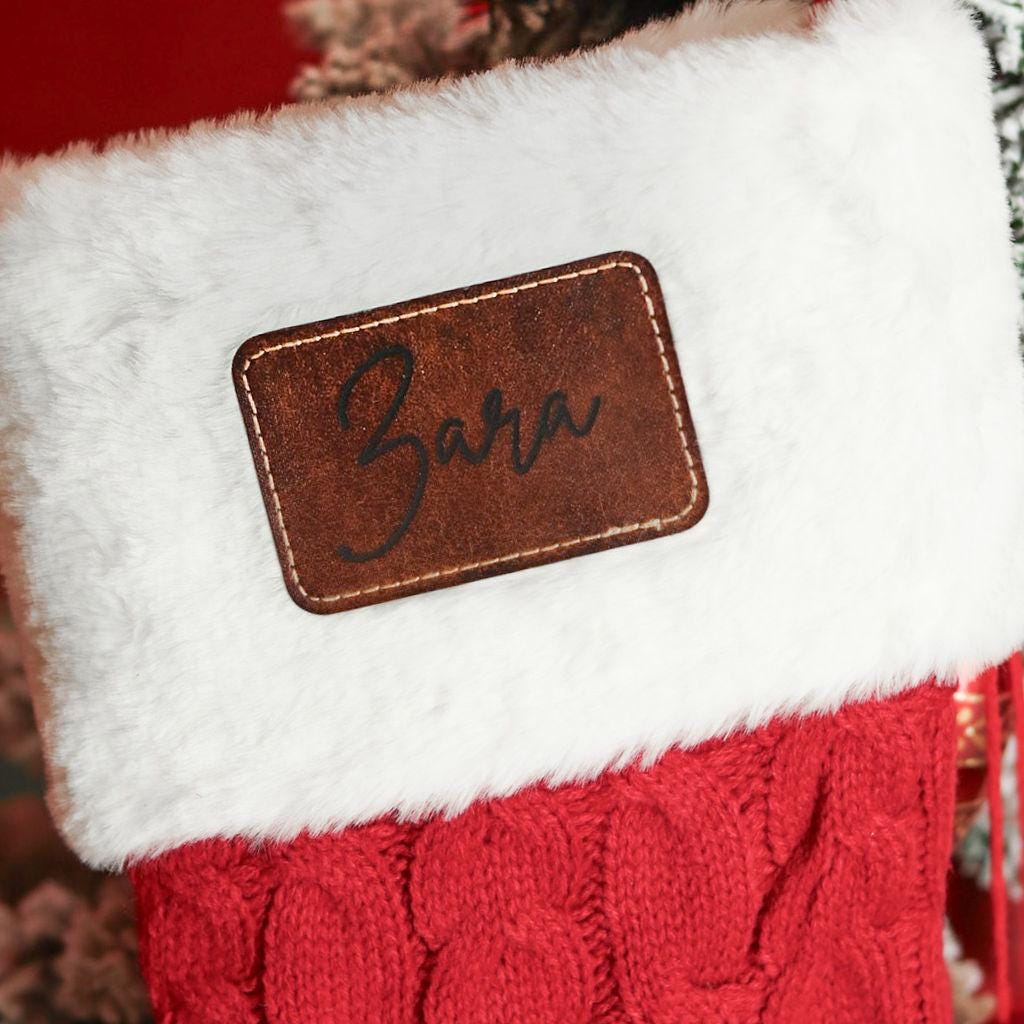 Personalized Cable Knit Christmas Stockings, Custom Stocking with Engraved Leather Patch, Holiday Stocking Gift for Family