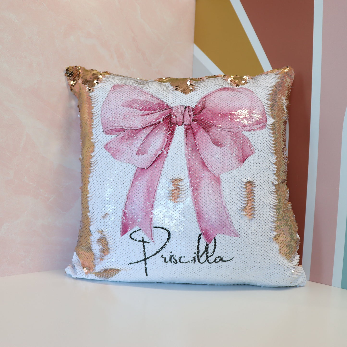 Coquette Sequin Pillow, Pink Bow Decor, Feminine Aesthetic Cushion, Girly Room Accent, Personalized Gift for Her, Trendy Home Decor
