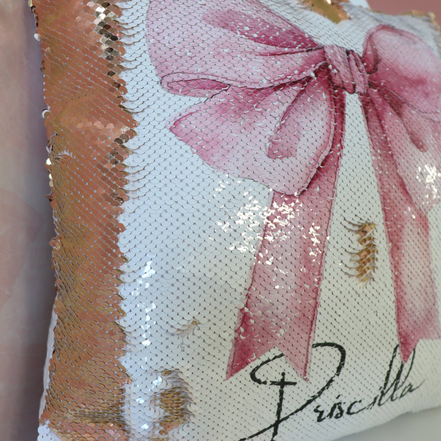 Coquette Sequin Pillow, Pink Bow Decor, Feminine Aesthetic Cushion, Girly Room Accent, Personalized Gift for Her, Trendy Home Decor