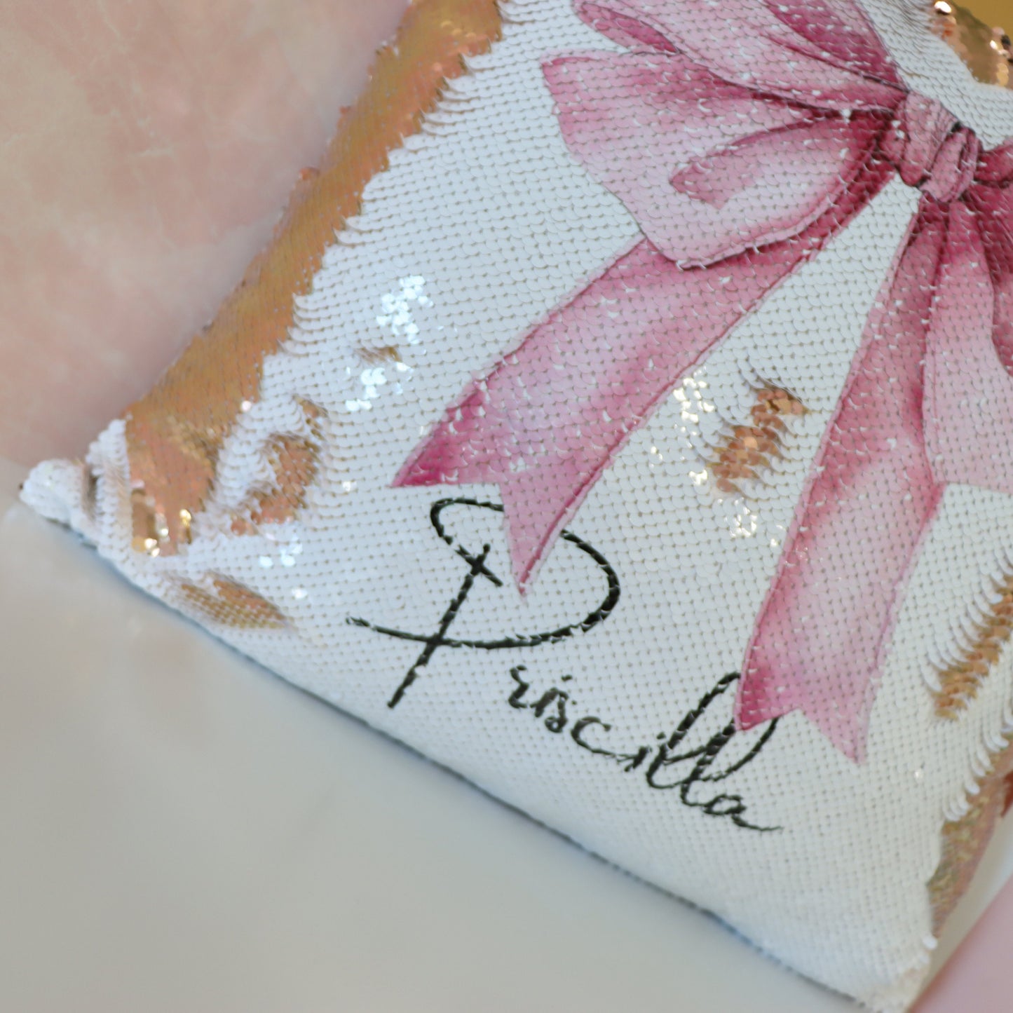 Coquette Sequin Pillow, Pink Bow Decor, Feminine Aesthetic Cushion, Girly Room Accent, Personalized Gift for Her, Trendy Home Decor