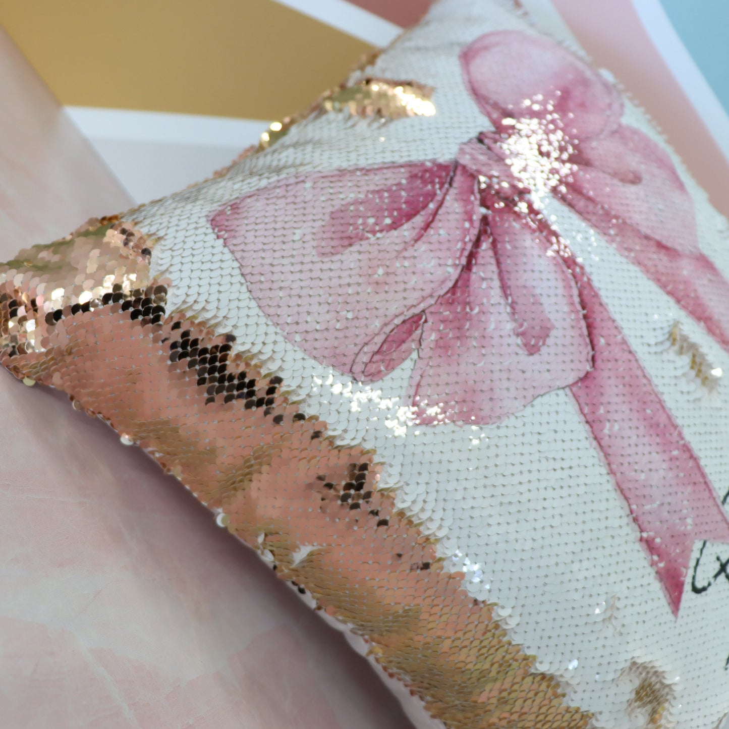 Coquette Sequin Pillow, Pink Bow Decor, Feminine Aesthetic Cushion, Girly Room Accent, Personalized Gift for Her, Trendy Home Decor