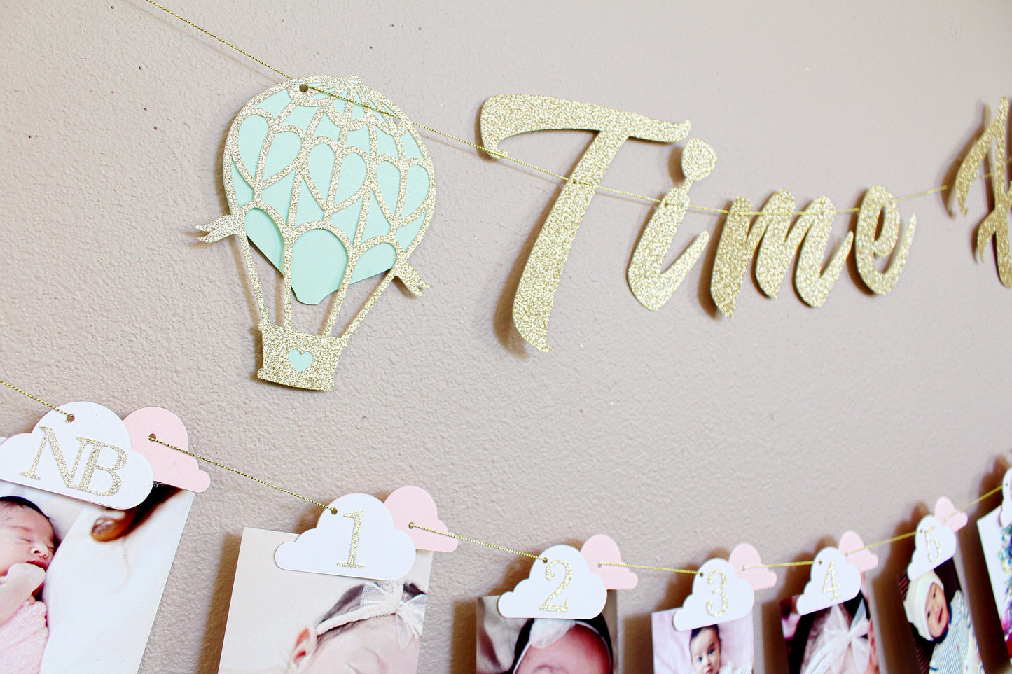 Time Flies 1st Birthday Banner – Customizable Hot Air Balloon Photo Garland – Unique Milestone Party Decoration