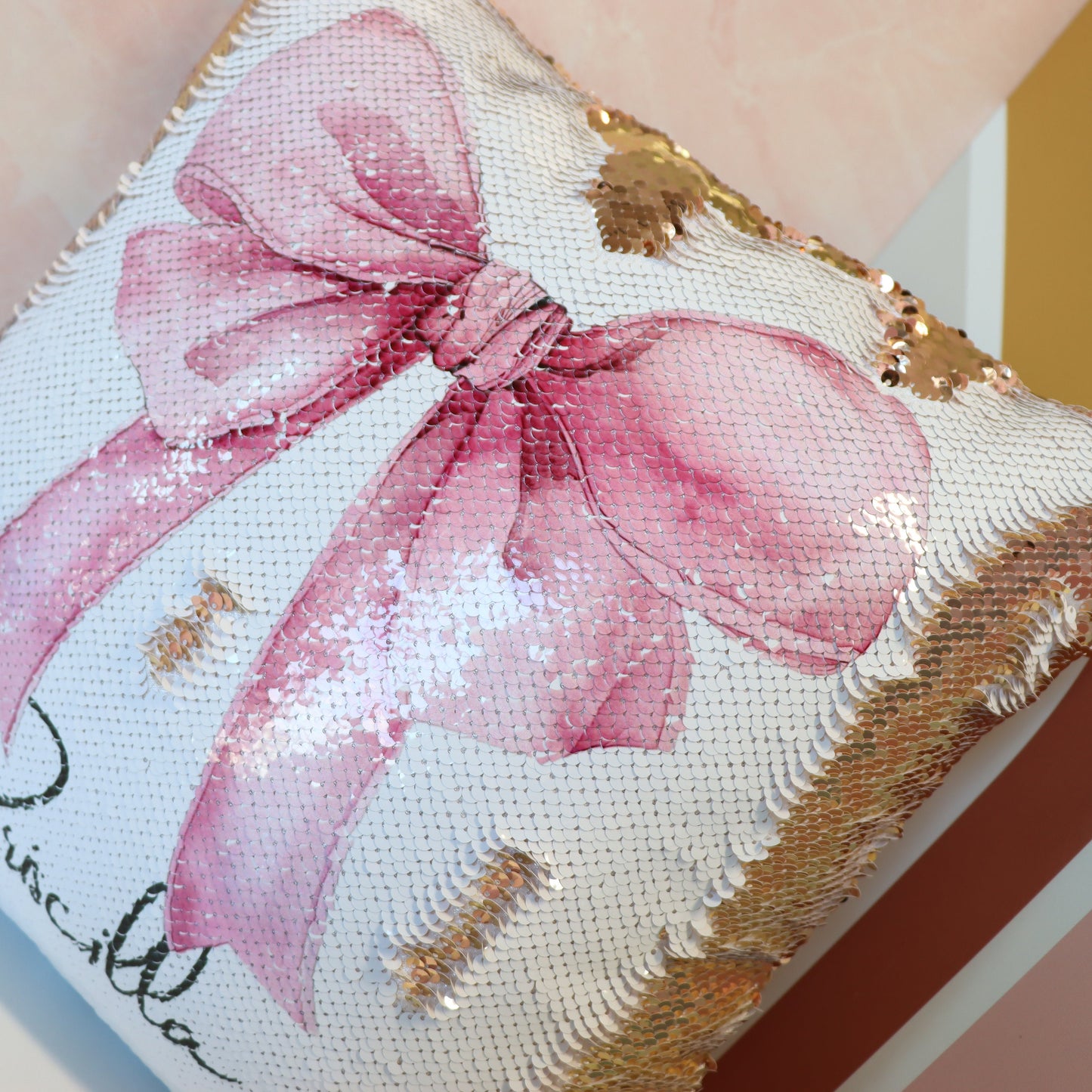 Coquette Sequin Pillow, Pink Bow Decor, Feminine Aesthetic Cushion, Girly Room Accent, Personalized Gift for Her, Trendy Home Decor