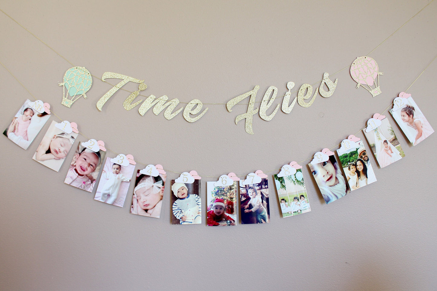 Time Flies 1st Birthday Banner – Customizable Hot Air Balloon Photo Garland – Unique Milestone Party Decoration