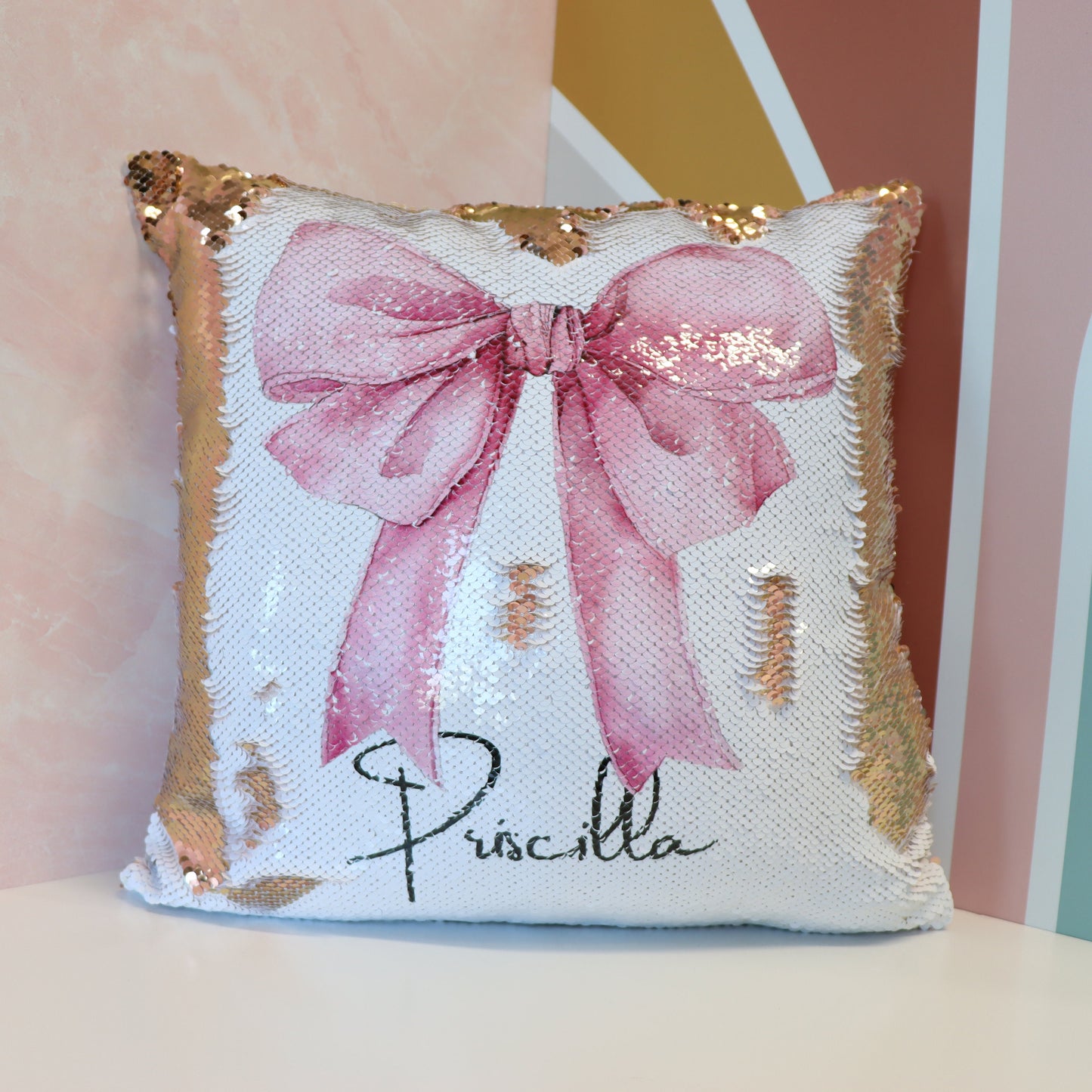 Coquette Sequin Pillow, Pink Bow Decor, Feminine Aesthetic Cushion, Girly Room Accent, Personalized Gift for Her, Trendy Home Decor