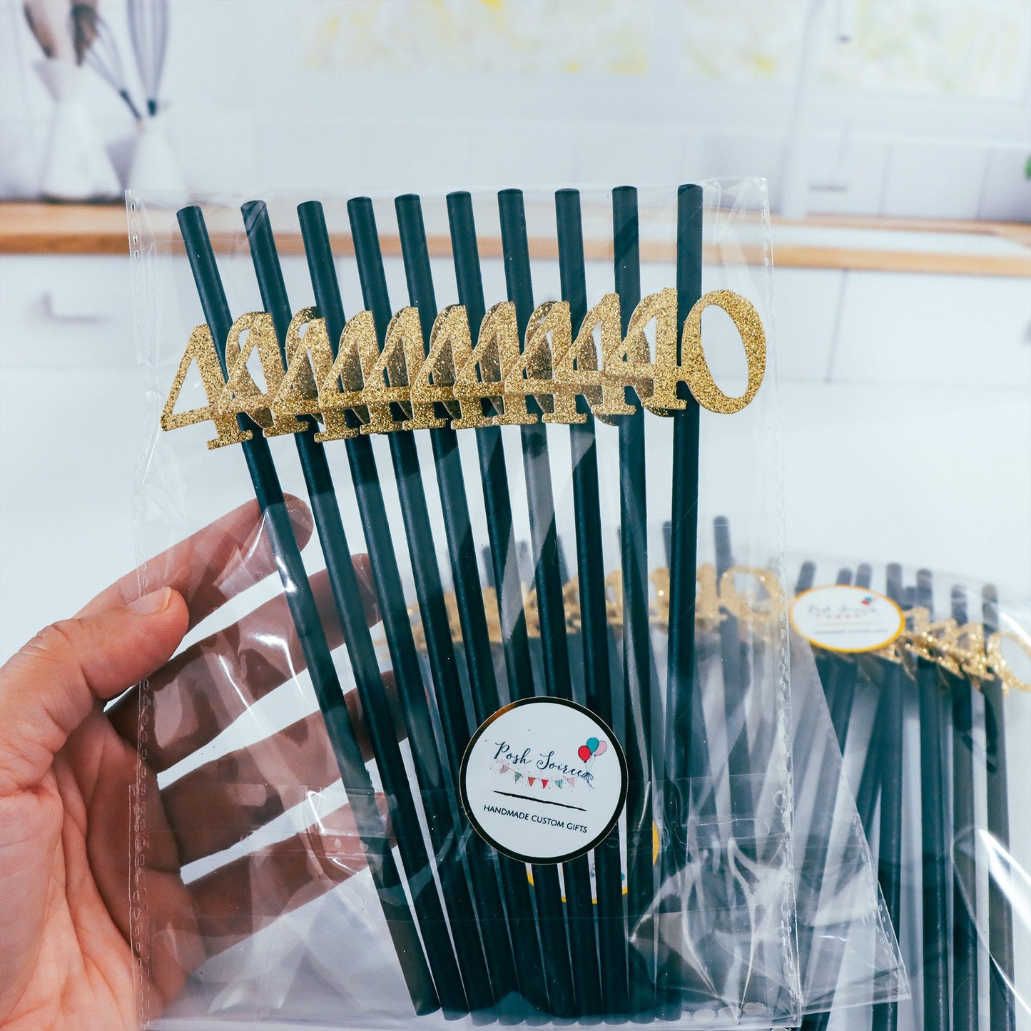 40th Birthday Party Straws, Gold Glitter Decor, Women's Birthday Celebration, Beverage Tableware