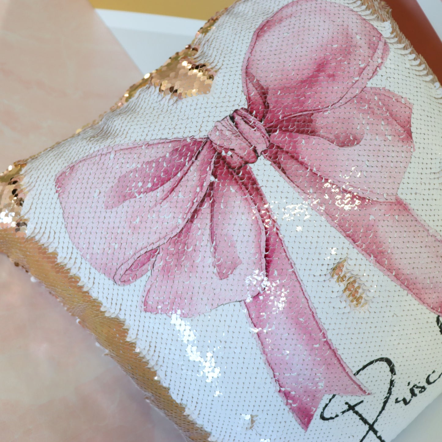 Coquette Sequin Pillow, Pink Bow Decor, Feminine Aesthetic Cushion, Girly Room Accent, Personalized Gift for Her, Trendy Home Decor