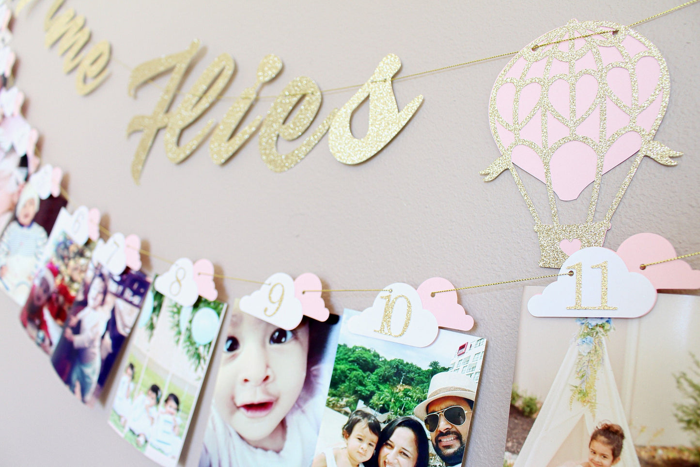 Time Flies 1st Birthday Banner – Customizable Hot Air Balloon Photo Garland – Unique Milestone Party Decoration