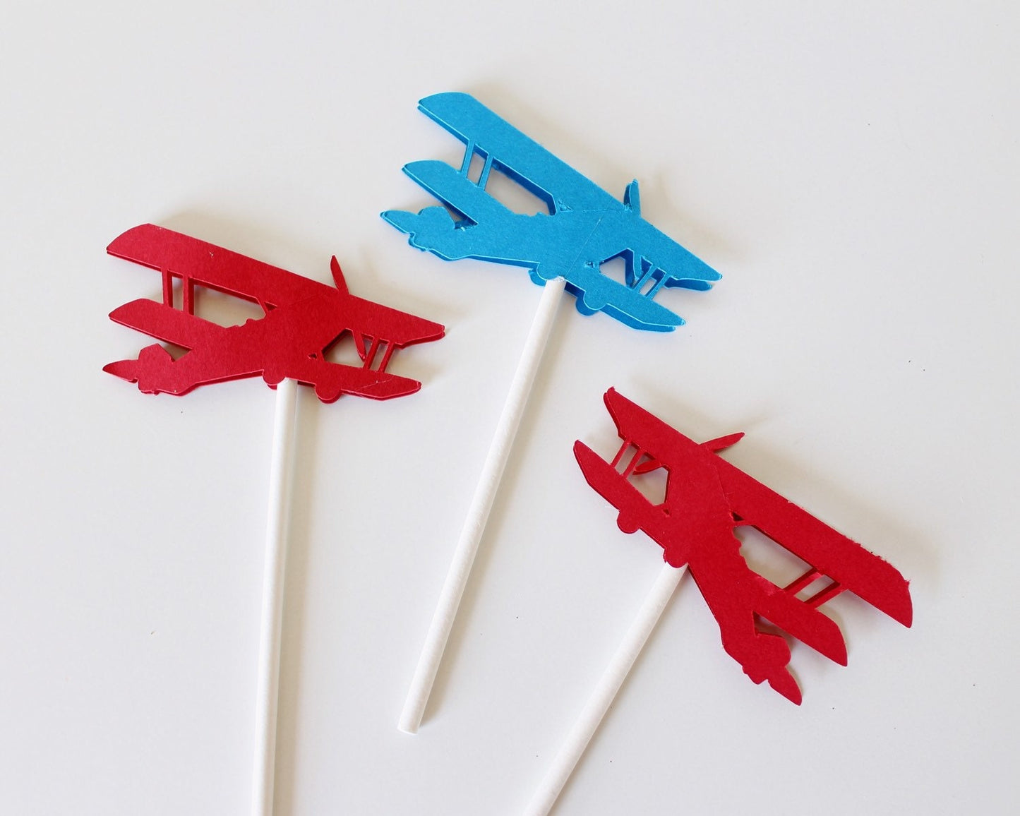 Airplane Birthday Cupcake Toppers, Airplane Cupcake Decorations, Vintage Airplane Decorations, Red and Blue Cupcake Toppers, SET of 12
