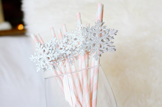 Snowflake Straws, Winter Wonderland Birthday Decorations, Winter Onederland First Birthday, Snowflake Decorations, Pink Snowflake Straws