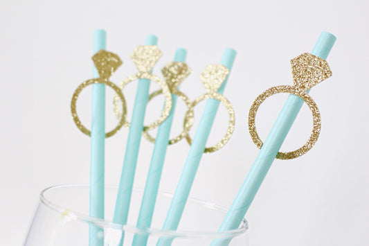 Something Blue Bridal Shower Straws - Elegant Ring Design with Gold Glitter, Set of 10, Perfect for Wedding Party Decorations