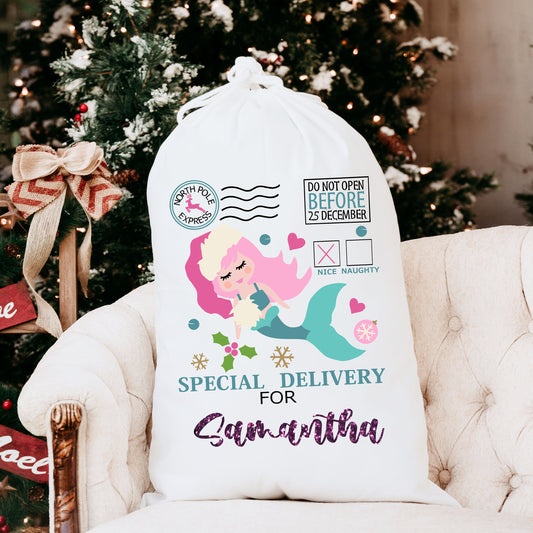 Santa Sack, Mermaid Christmas Santa Sack, Mermaid Santa Bag, Custom Santa Sack Gift for Girl, Mermaid Gift for Christmas