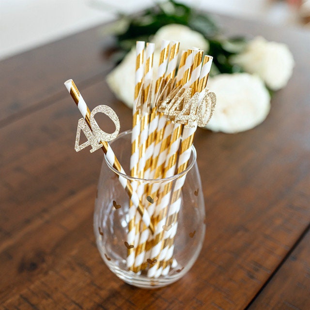 40th Birthday Party Decorations - Gold Party Straws, 40th Birthday Favors - Elegant & Stylish 40th Birthday Celebration Accessories