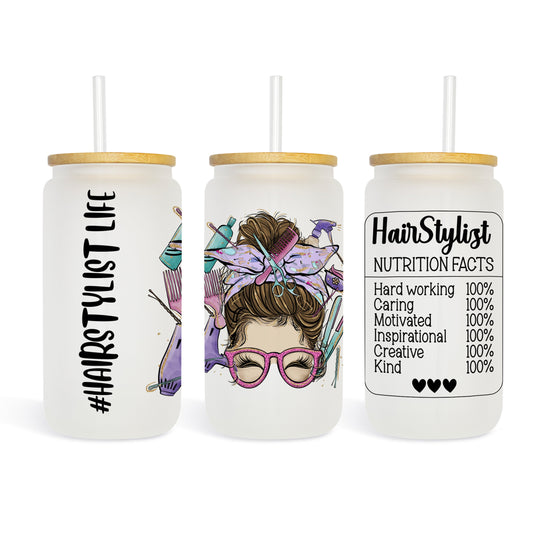 Hair Stylist Gift, 16oz Frosted Glass Tumbler, Iced Coffee Tumbler, Messy Bun Day, Mason Jar with Bamboo Lid, Unique Gift for Her