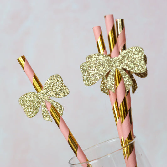 Coquette Gold Glitter Bow Blush Pink Metallic Straws, Feminine Bow and Ribbon Party Decor, Coquette Soft Girly Theme for 1st Birthday