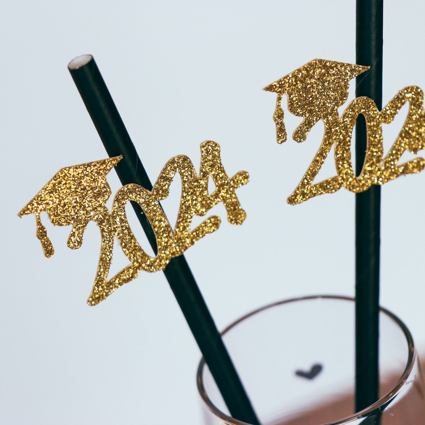 2024 Graduation Party Straws Set of 10 - Black & Gold Glitter with Cap Cutout, High School and College Grad Gift and Decor