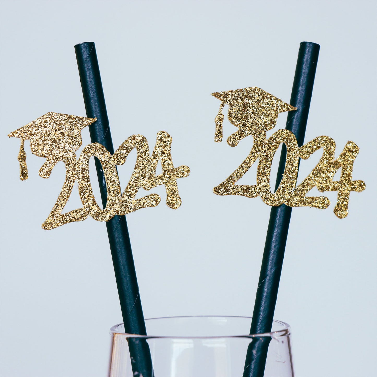 2024 Graduation Party Straws Set of 10 - Black & Gold Glitter with Cap Cutout, High School and College Grad Gift and Decor