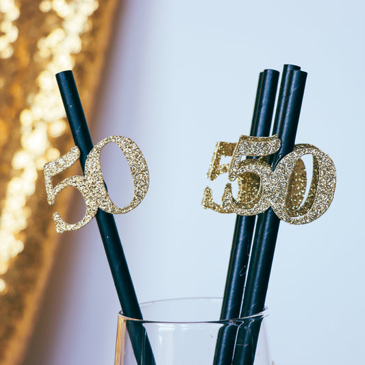 50th Birthday Black and Gold Party Straws, Gold Glitter Decorations - Set of 10 Gift & Decor, Golden Birthday Party Supplies