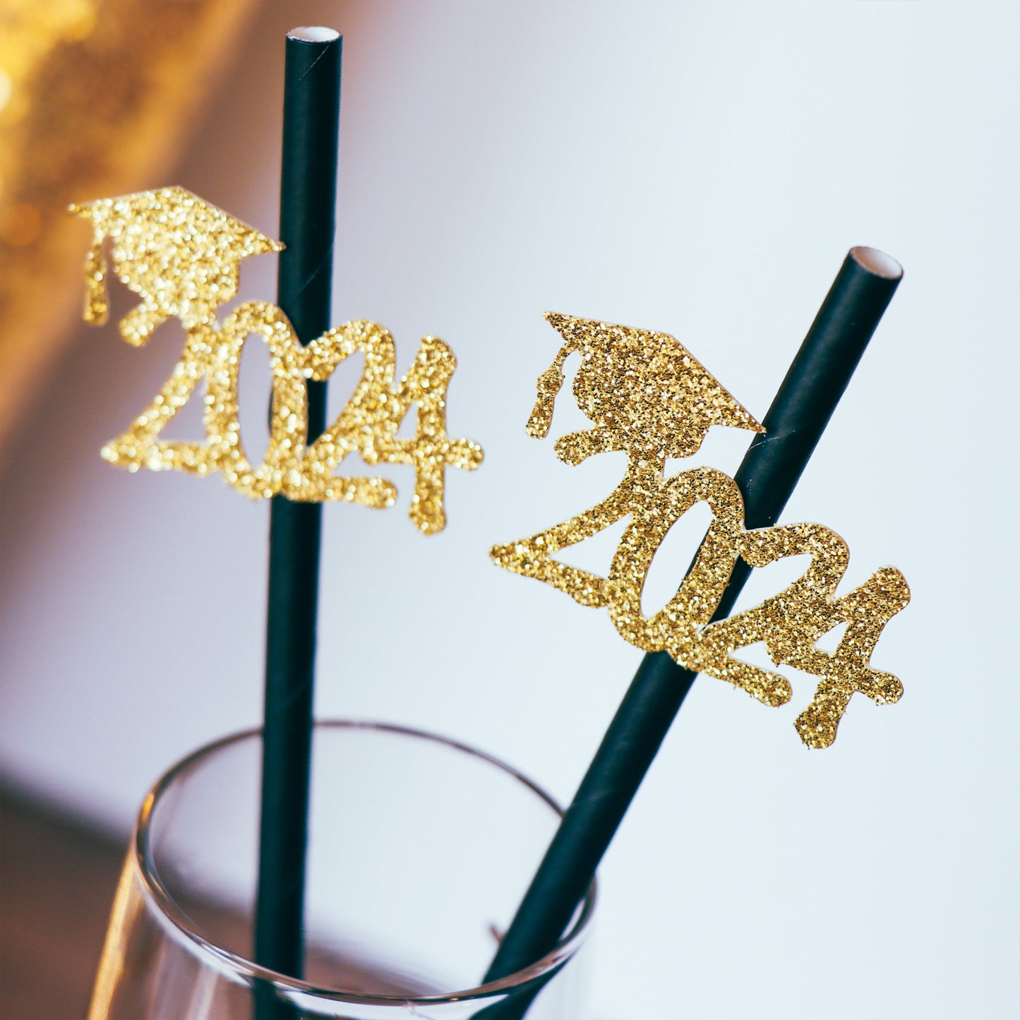 2024 Graduation Party Straws Set of 10 - Black & Gold Glitter with Cap Cutout, High School and College Grad Gift and Decor