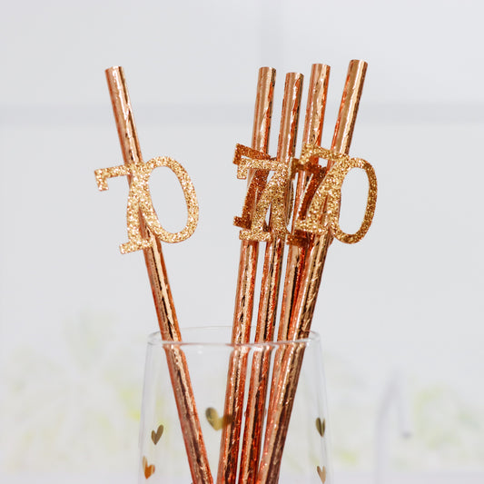 70th Birthday Rose Gold Straws, Milestone Party Tableware, Adult Birthday Decor, Gift for Grandparent