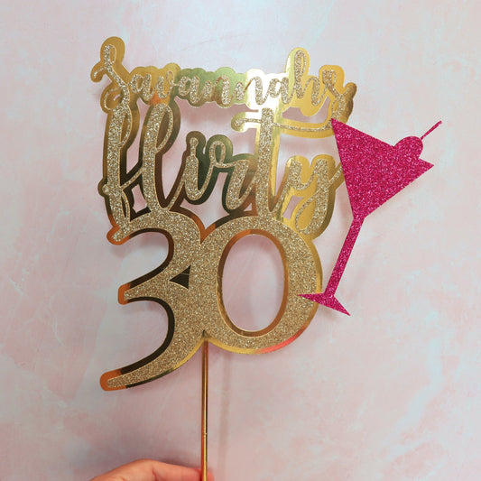 Custom 30th Birthday Cake Topper, Flirty Thirty Decorations, Personalized Gold Glitter Cake Topper, 30th Birthday Decorations for Her