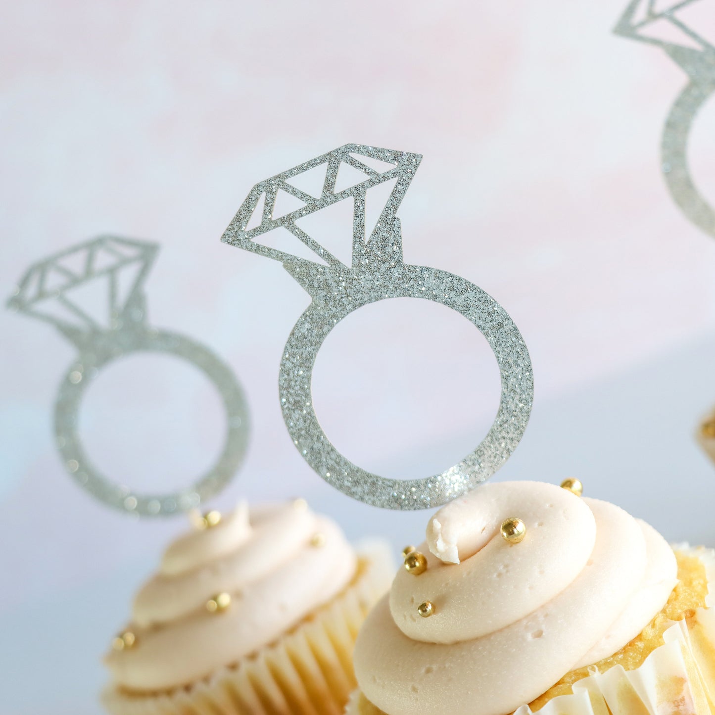 Silver Glitter Ring Toppers, Bridal Shower Decorations, Gift for Bride to Be, Dessert Table Decor, Set of 12