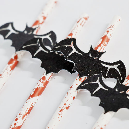 Spooky Bat Halloween Straw Toppers, Black Glitter Bats for Halloween Party, Reusable Straw Decor, Halloween Drink Decor