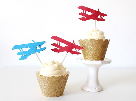 Airplane Birthday Cupcake Toppers, Airplane Cupcake Decorations, Vintage Airplane Decorations, Red and Blue Cupcake Toppers, SET of 12